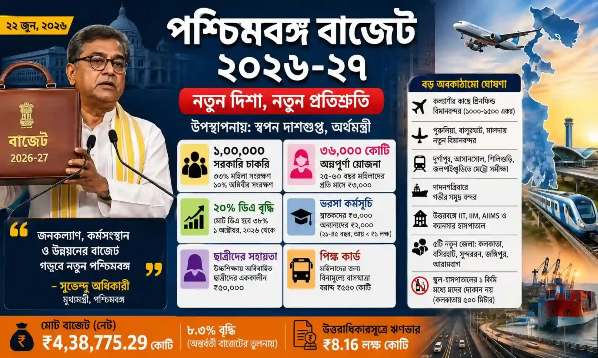 পশ্চিমবঙ্গ বাজেট ২০২৬-২৭-এ ১ লক্ষ চাকরি, ২০ শতাংশ ডিএ বৃদ্ধি ও অন্নপূর্ণা যোজনার ঘোষণা