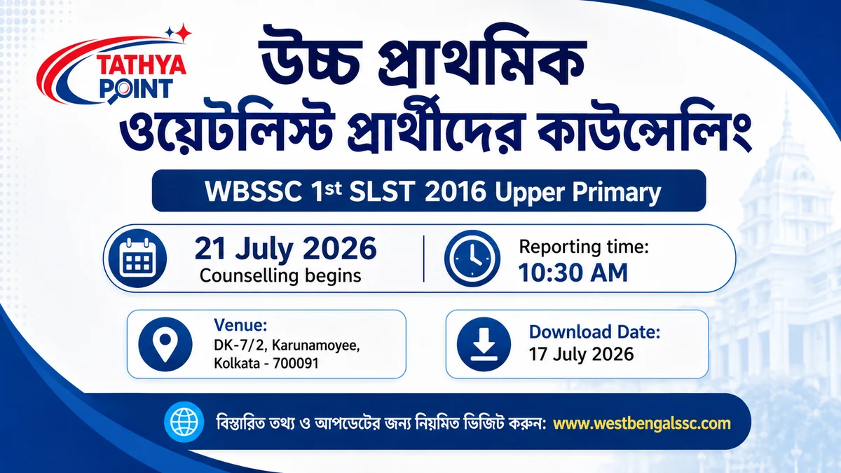 WBSSC 1st SLST 2016 Upper Primary Counseling Schedule, ওয়েটলিস্টভুক্ত প্রার্থীদের কাউন্সেলিং শুরু ২১ জুলাই থেকে